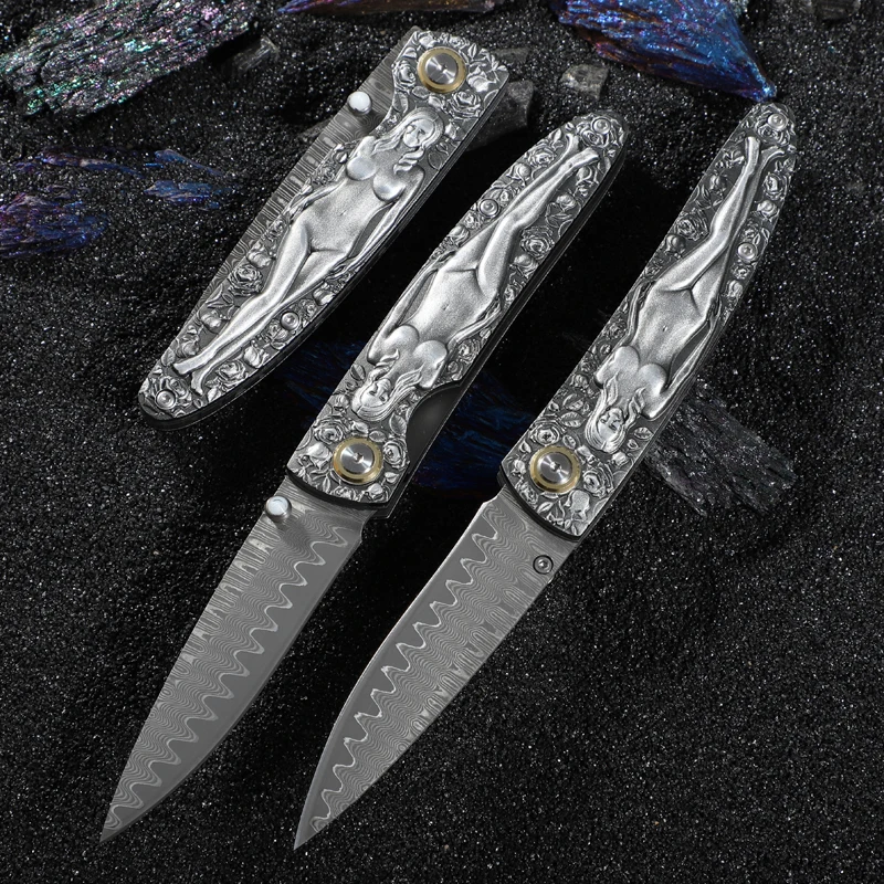 Japanese Damascus Steel folding craft knife Pocket knife Wilderness Survival self-defense Outdoor camping fishing folding knife