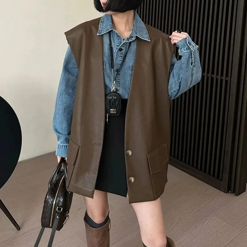 

Women's Jackets Women's Vests Vest Women Autumn new Fashion and Leisure Solid Color PU Leather V-neck Joker Long oose Vest Coat