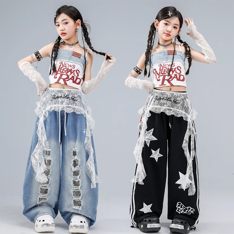 Girls K-pop Denim Crop Top Street Dance Ripped Jeans Pants Kids Hip Hop Jazz Clothes Children Streetwear Girl Group Costumes