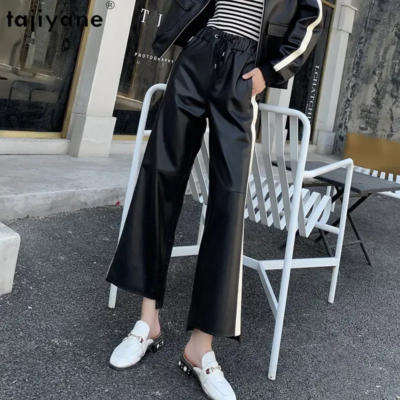 

Tajiyane Genuine Leather Pants Womens Clothing Wide Leg Pants Women High Waist Black Pants for Women Elastic Waist Long Trousers