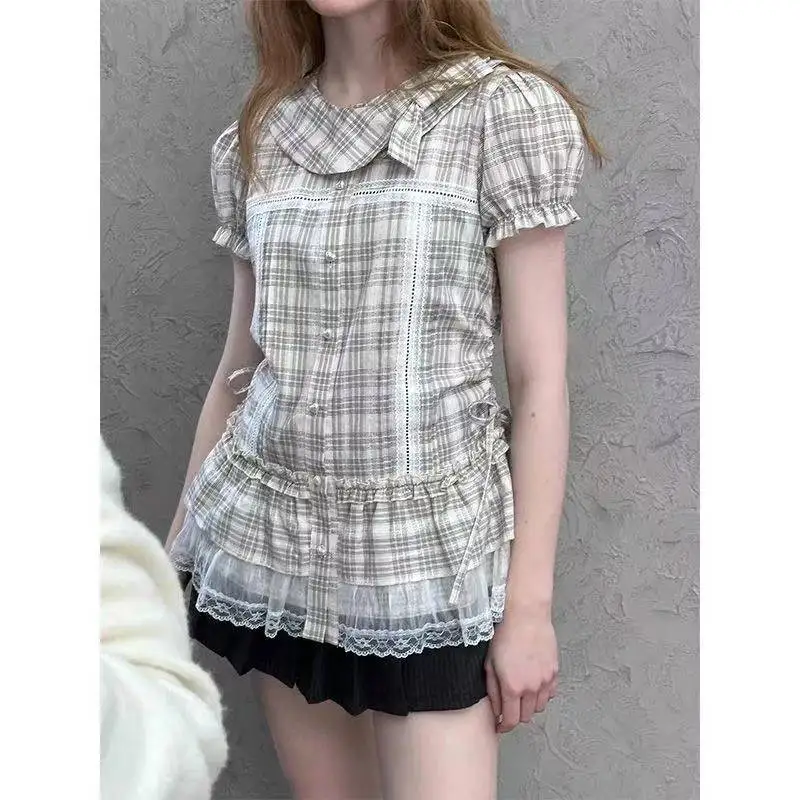 

American Retro Style Bubble Sleeve Doll Collar Plaid Y2k Shirt Summer New Lace Slim Fit Fashion Shirts Female Clothing Chic