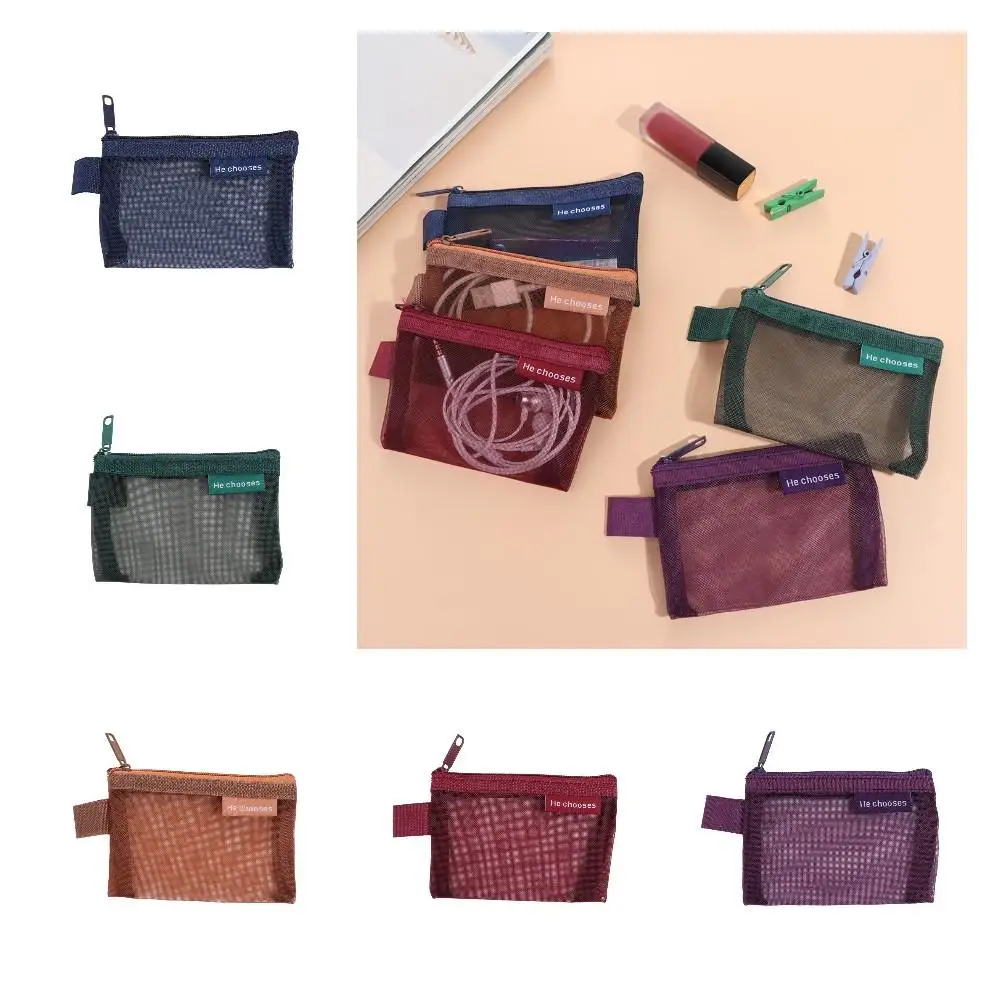 Lipstick Cosmetic Bag Mesh Coin Bags Coin Money Bags Small Item Bag Mini Coin Purse Solid Color Data Cable Storage Bag