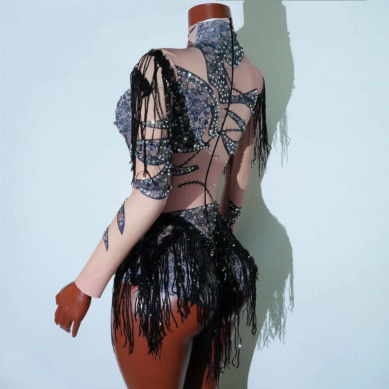 Sexy Black Tassel Mesh Bodysuit Sequins Design Dancer Performance Birthday Party Dance Costume Stage Wear Nightclub Drag Queen