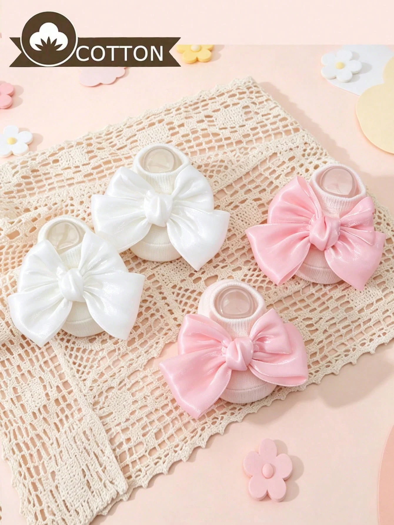 2 Pairs of Babies Short Socks With Bow Decoration,Made of Cotton Material Perfect for Baby Girls First Birthday Photos As A Gift