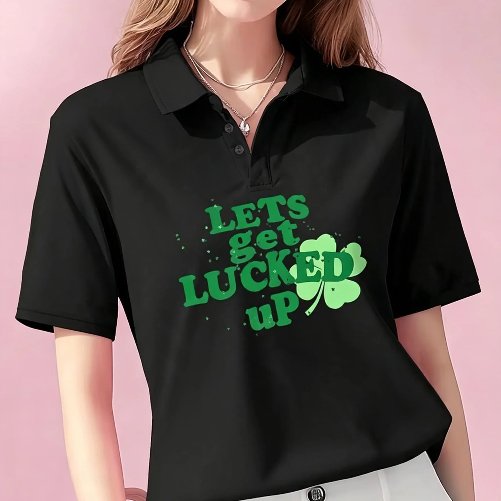 Unisex Black Lapel Collar Polo Shirt Lets Get Lucked Up Text Clover Chest Graphic Short Sleeve Soft Breathable Casual Festival Top for Men and Women