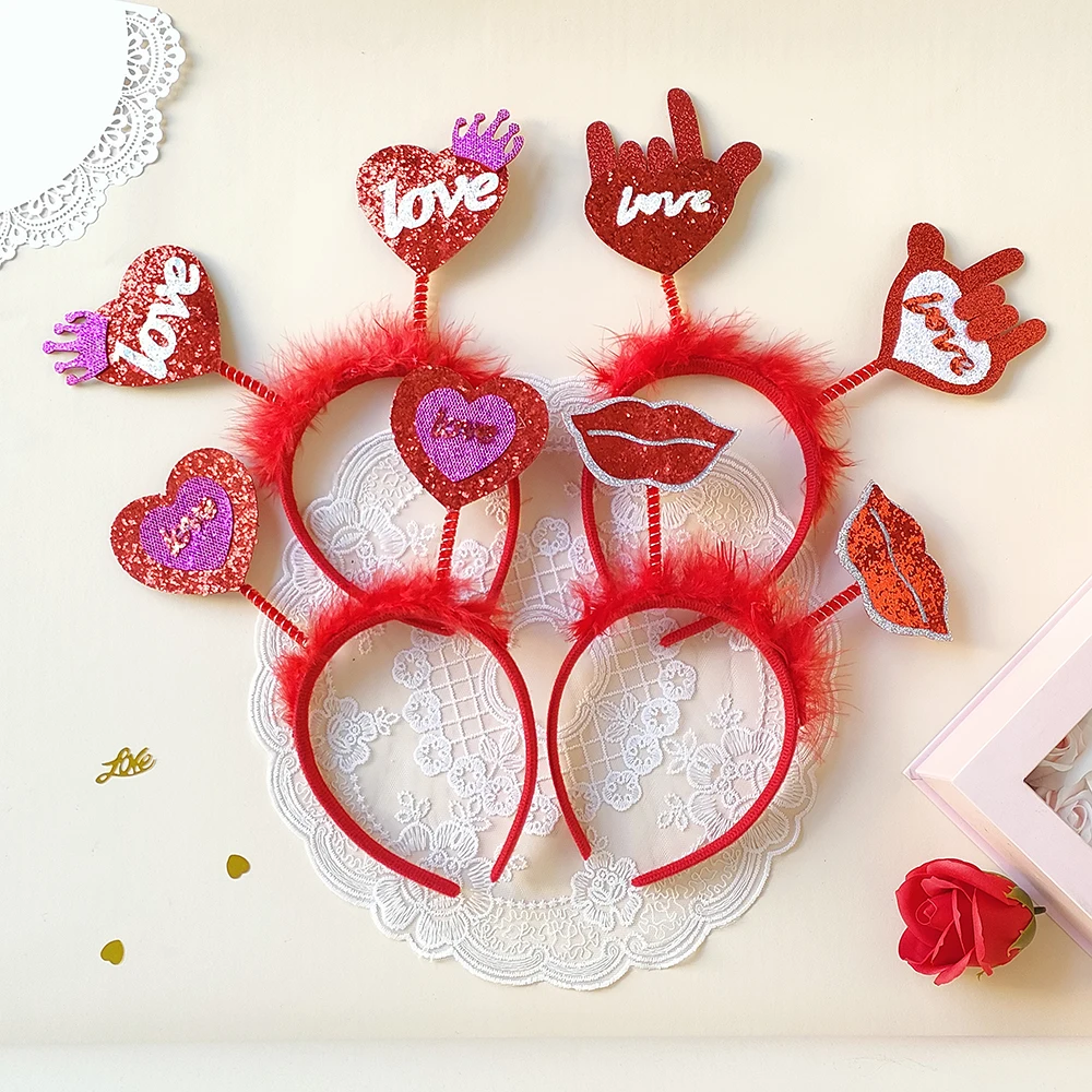 Valentine's Day Red Heart Headbands Women Girl Sequins Crown Love Hairbands Festival Party Wedding DIY Hair Accessories Femmes