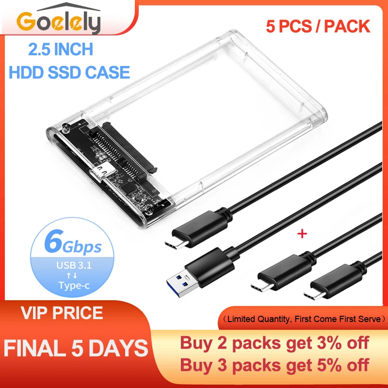 

Goelely 5pcs USB3.1 3.0 External HDD Case 2.5 Inch Hard Drive Enclosure Fast 5Gbps USB to Micro B SATA HDD SSD Case for Laptop