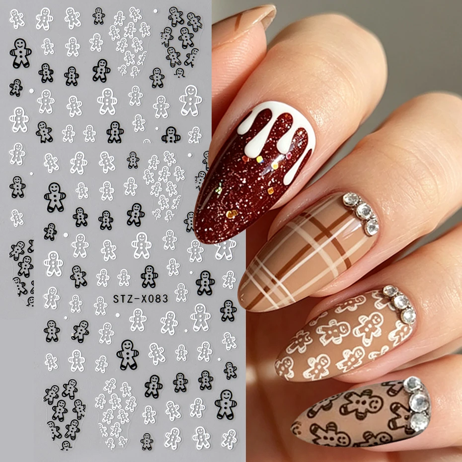 2 pcs 3D Christmas Gingerbread Man Nail Stickers Kawaii Black White Gingerbread Xmas Nail Sliders Christmas DIY Nail Supplies