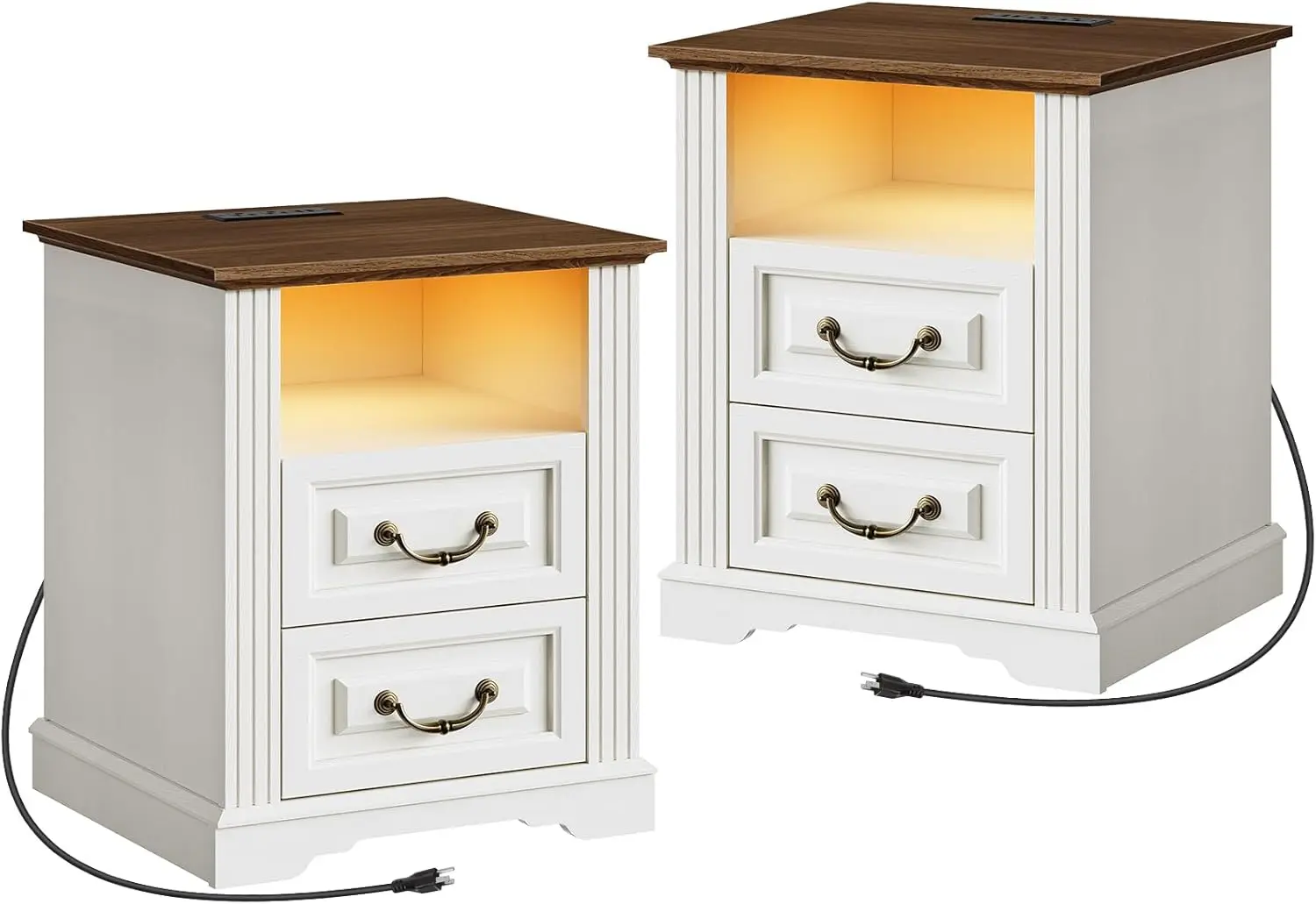 

Farmhouse Night Stands Set Of 2, Nightstand With Charging Station, Led End Tables With 2 Drawers, Wooden Rustic Sofa Side