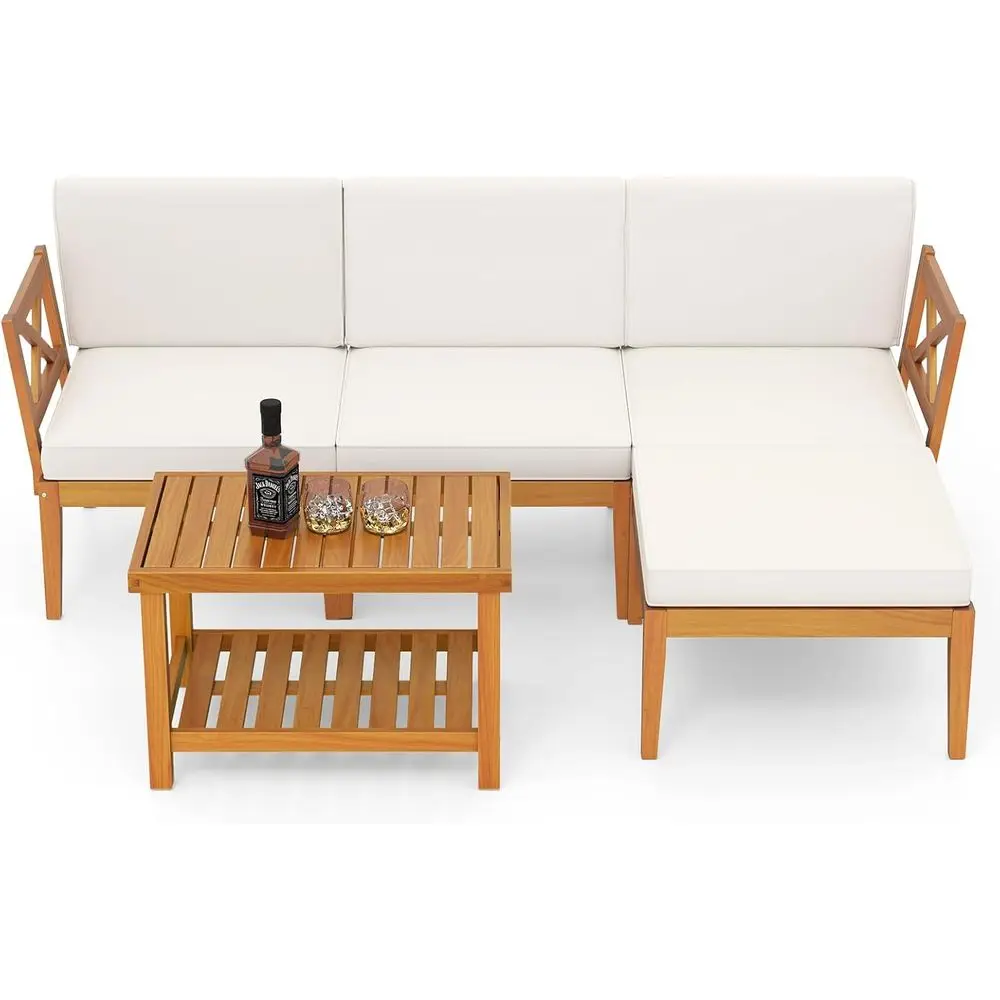 

Комплект садовой мебели из 5 предметов: уличный секционный диван с двухуровневым кофейным столиком и подушками, L-образный модуль для террасы/веранды