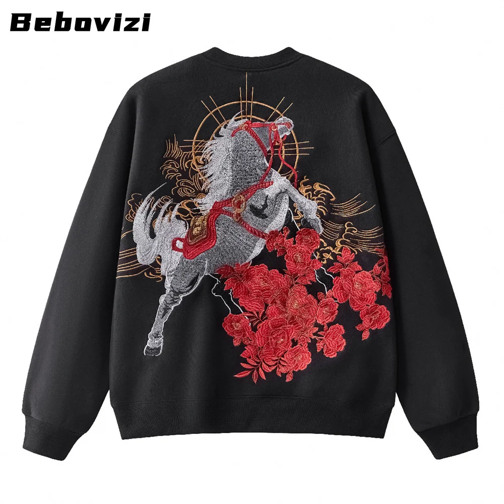Men's Red Round Neck Sweatshirt, Horse Embroidery Pullover, Loose Fit Streetwear Hip Hop Tops for Fall Winter