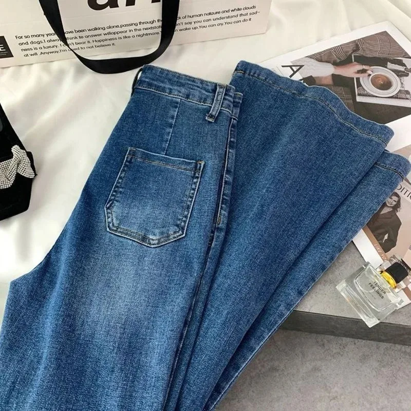 Spring Fall Casual Vintage Pantalones Slim Vaqueros Pockets Streetwear High Waist Flare Denim Pants Women Korean Straight Jeans
