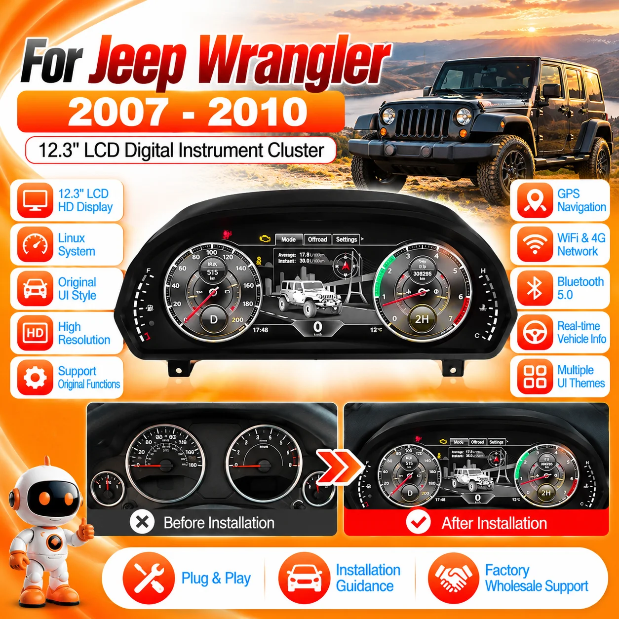 12.3" Linux Digital Instrument Cluster For Jeep Wrangler 2007-2010 LCD Dashboard Virtual Cockpit Speedometer