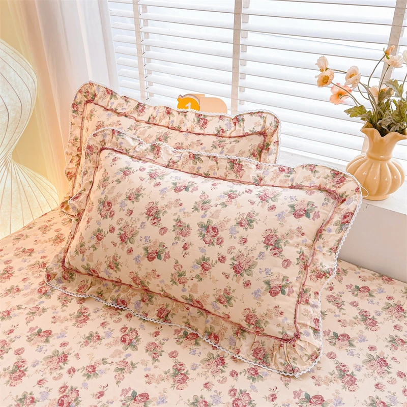2pcs Flower Prints Ruffles Pure Cotton Pillowcases 48x74cm Sizes Cushion Cover for Bed Floral Style Pillowslip 베개커버