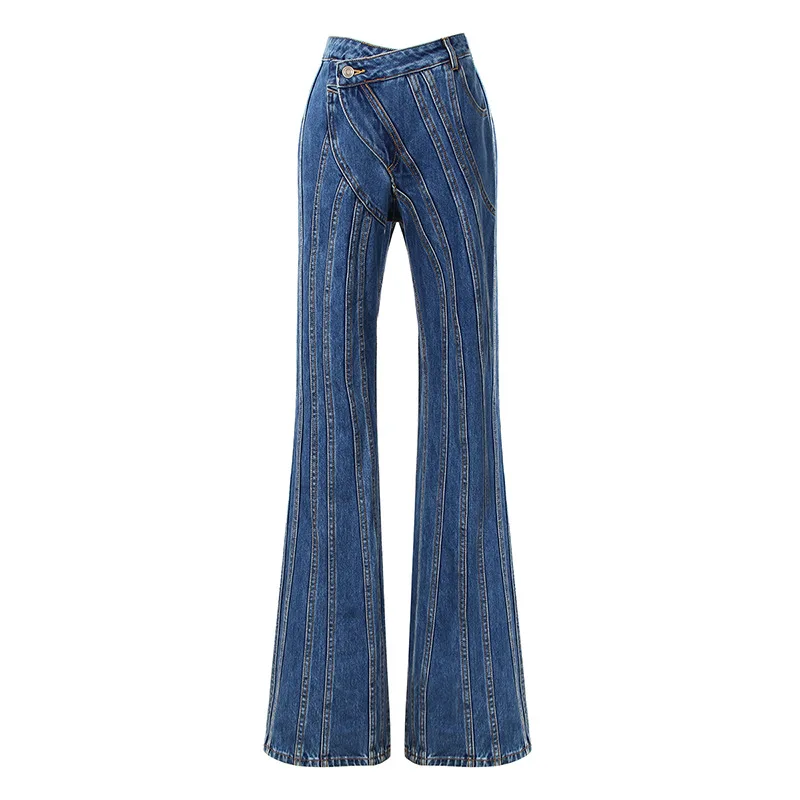 

Uniquely Designed Women's Jeans With Asymmetrical Sloping Waist And Multi-Line Segmented Patchwork Structure Tailored Long Pants