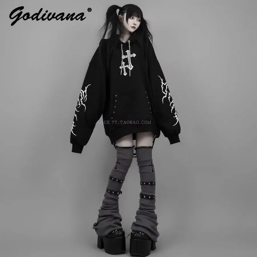 

Japanese Mine Cross Print Riveted Hooded Sweatshirt New Spring Punk Style Female Black Loose Hoodie Coat Casual Pullover Tops