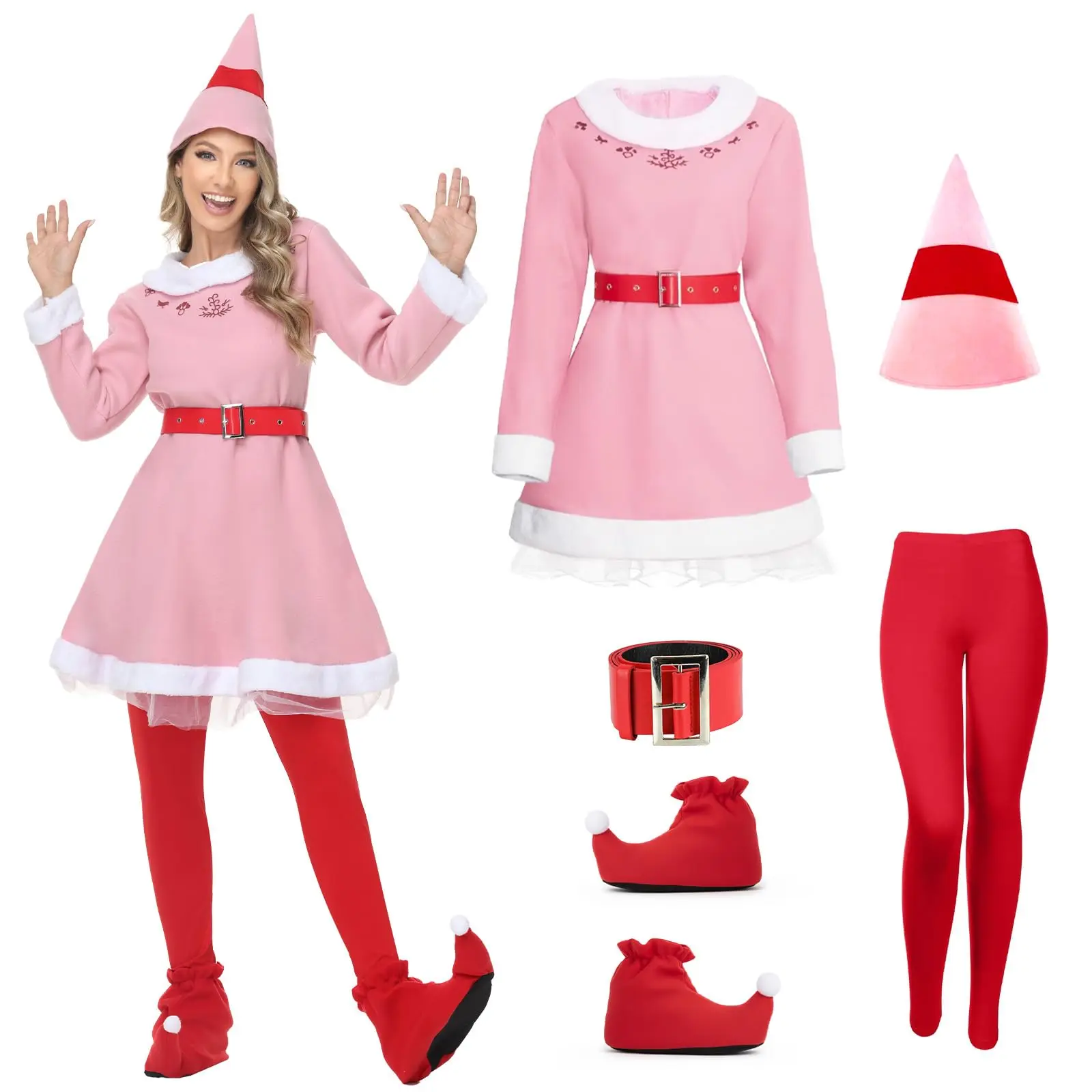 

Women's Christmas Elf Costume Pink Holiday Christmas Elf Dress Holiday Party Halloween Cosplay Outfit