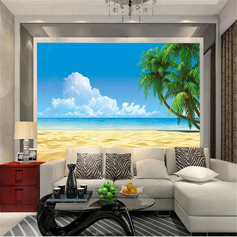 

Custom Seaside Coconut Tree Mural Wallpaper 3D For Living Room blue Sky And White Cloud Landscape Mural Wall Papers Home Decor