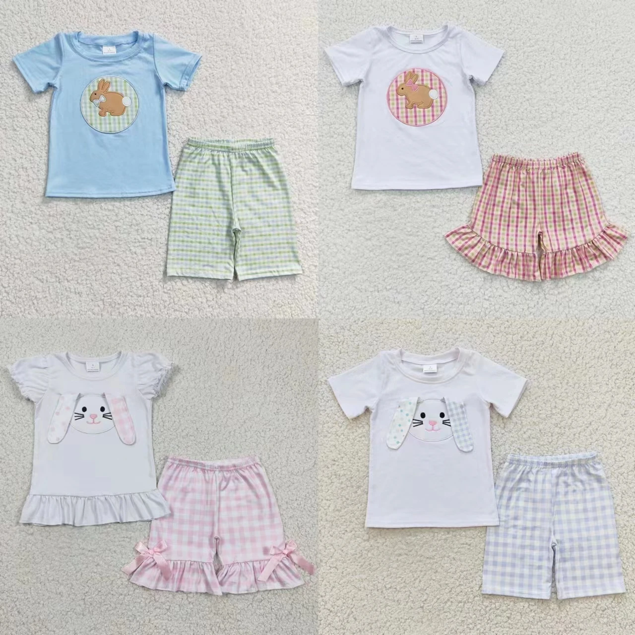 

Wholesale Kids Easter Set Clothing Toddler Baby Girl Boy Short Sleeves Embroidery Rabbit Shirt Plaid Shorts Children Outfit