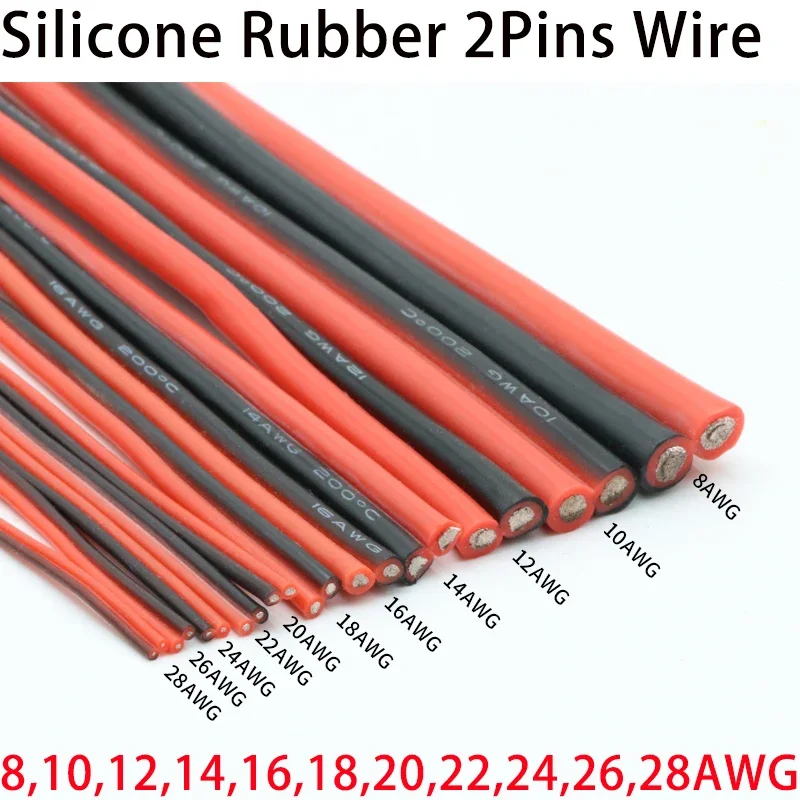 1/2/5M Copper Wire Silicone Rubber Cable Soft 30 28 26 24 22 20 18 16 14 12 10 8 AWG 2Pins Flexible DIY LED Connector Black Red