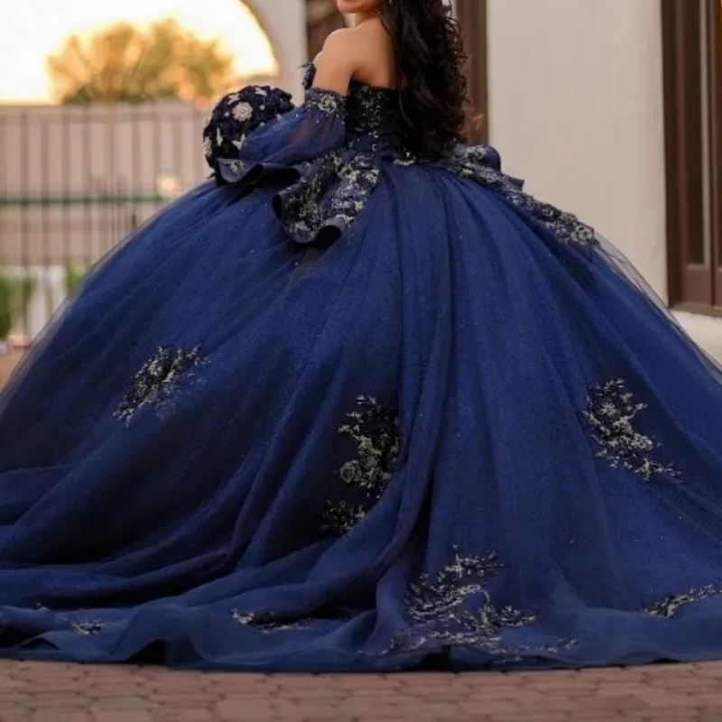 

Custom Made Navy Blue Applique Detachable Sleeve Ball Gown Sweep Train Women Prom Party Dress Sweet 16 Dresses Quinceanera 2025