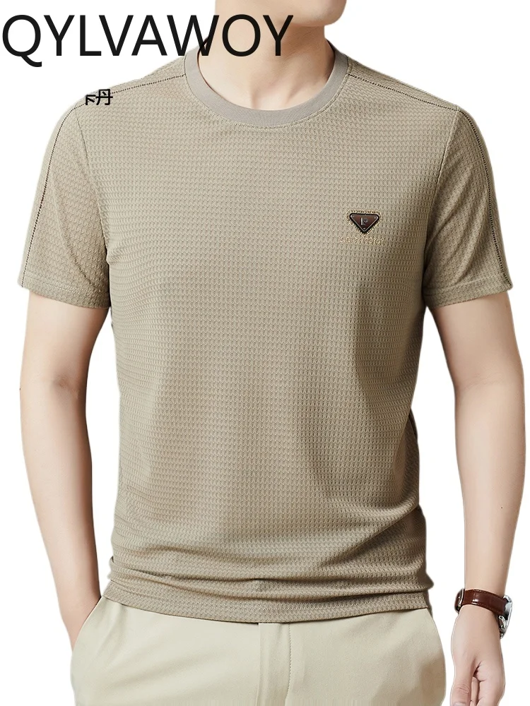 QYLVAWOY Short-sleeved T-shirt Men's Summer High-end 2025 New Light Luxury Trendy Men's T-shirt Breathable Round Neck Top LJ2505