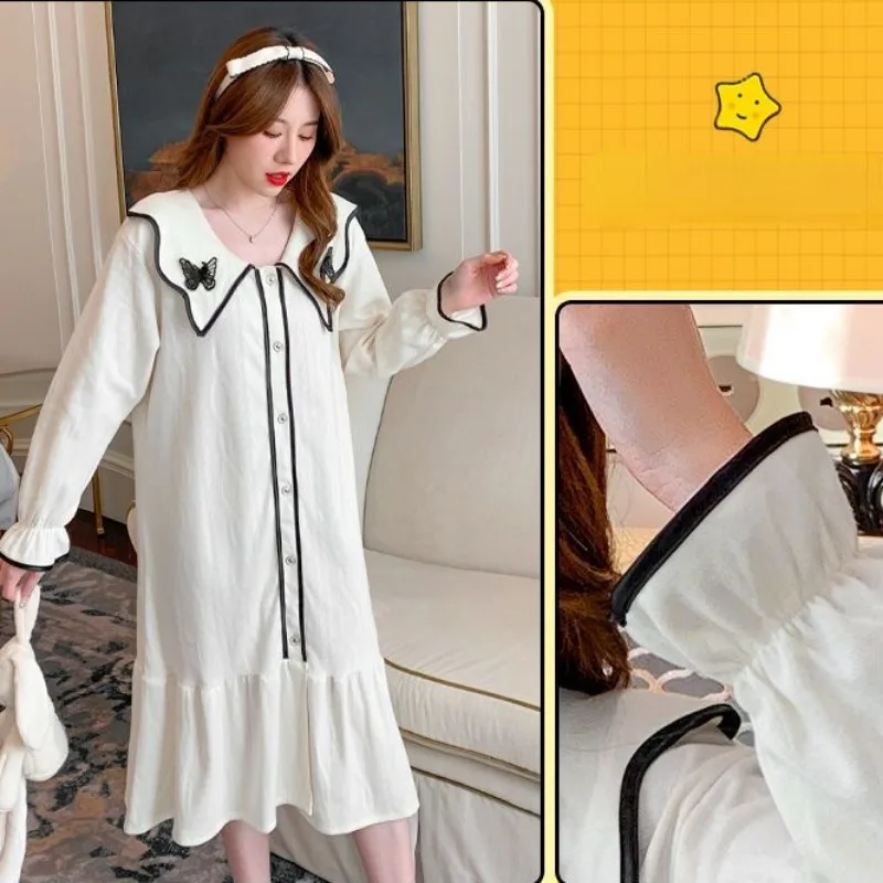 2024 New Pajama Women Autumn Winter Cotton Jacquard Sleepshirts Solid Color Sweet Nightgowns Doll Neck Long Sleeve Homewear