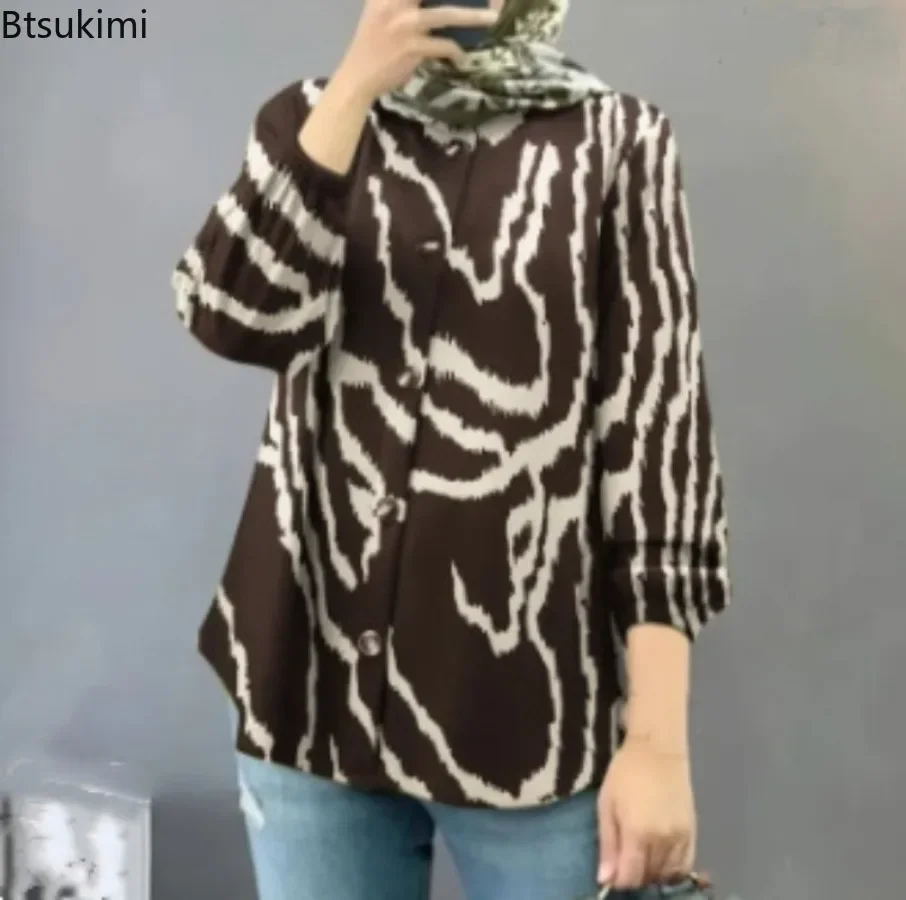 2025 Women's Loose Casual Vacation Blouse Spring Autumn Fashion Printed Puff Long Sleeve Button Tops Females Muslim Hijab Shirts