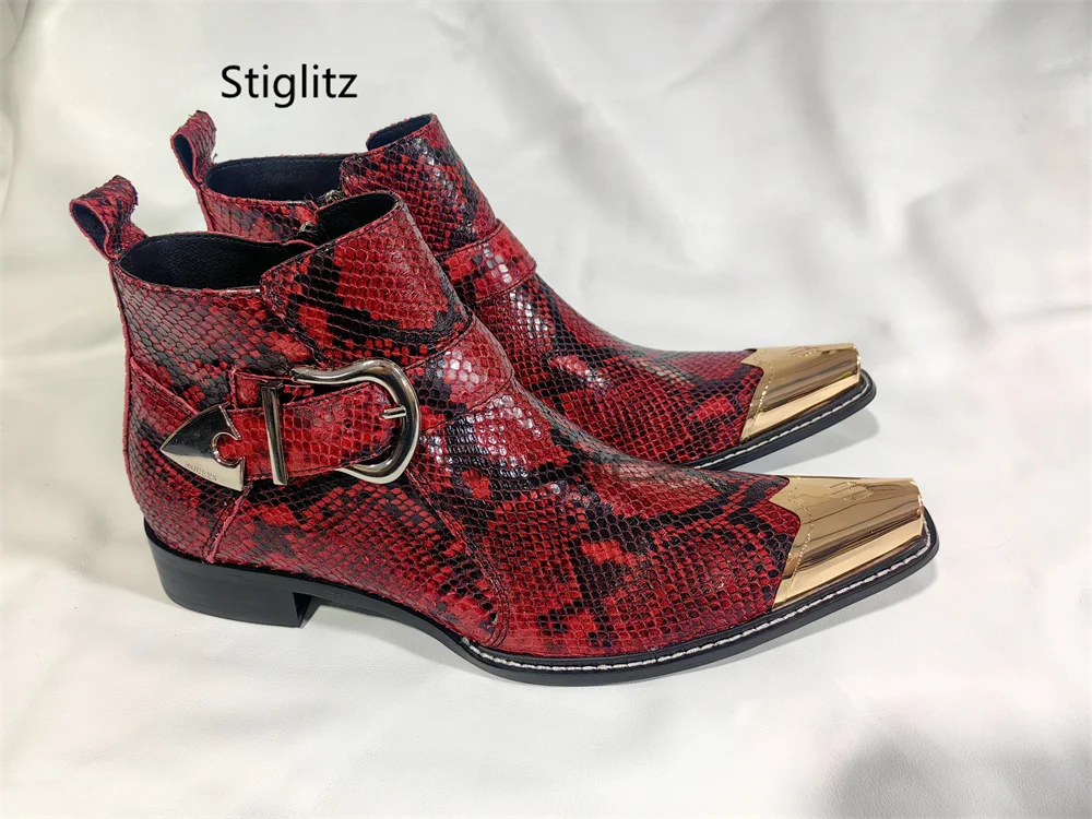 Red Snake Print Western Chelsea Boots for Men Pointed Metal Toe Belt Buckleside Zipper Short Boots Stage Party Wedding Shoes