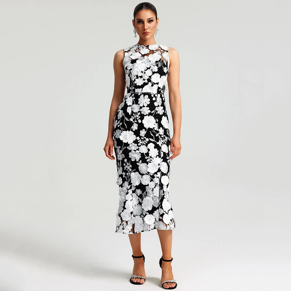 

Вечернее платье русалки контрастного цвета с круглым вырезом по индивидуальному заказу, тюлевое вечернее платье без рукавов с цветком, платье для выпускного вечера чайной длины для женщин