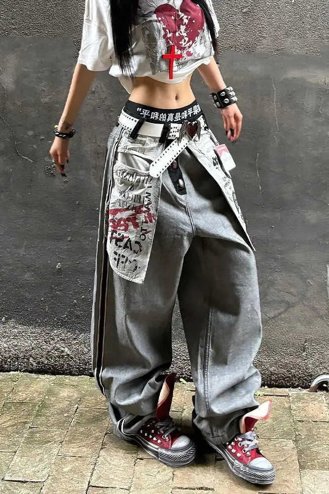 

2025 American High Street Print Denim Pants for Women Summer Hot Girl Style Wide Leg Jeans with Large Pockets and Dragging Hem