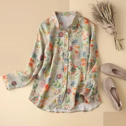 Women Long Sleeve Casual Shirts New Arrival Autumn& Spring Arts Style Vintage Floral Print Loose Ladies Cotton Linen Tops