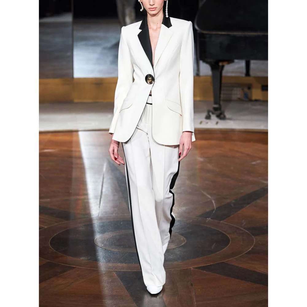 

Classic Color Block 2 Pieces Suit Set for Women One Button Peak Lapel Jacket Pants Sets Office Business Banquet Female Clothing
