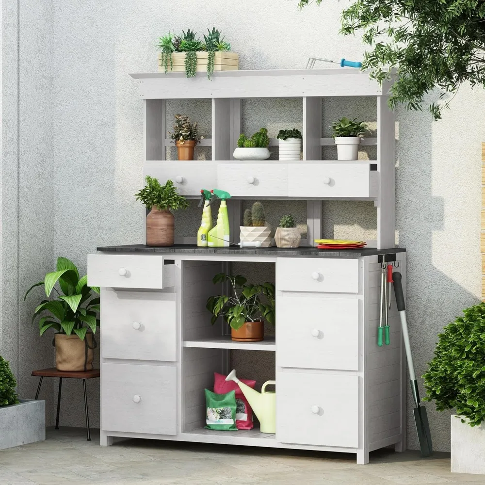 

Outdoor Potting Bench with Multiple Drawers and Shelves, Rustic Wooden Patio Work Station Farmhouse Planting Table for Home Yard