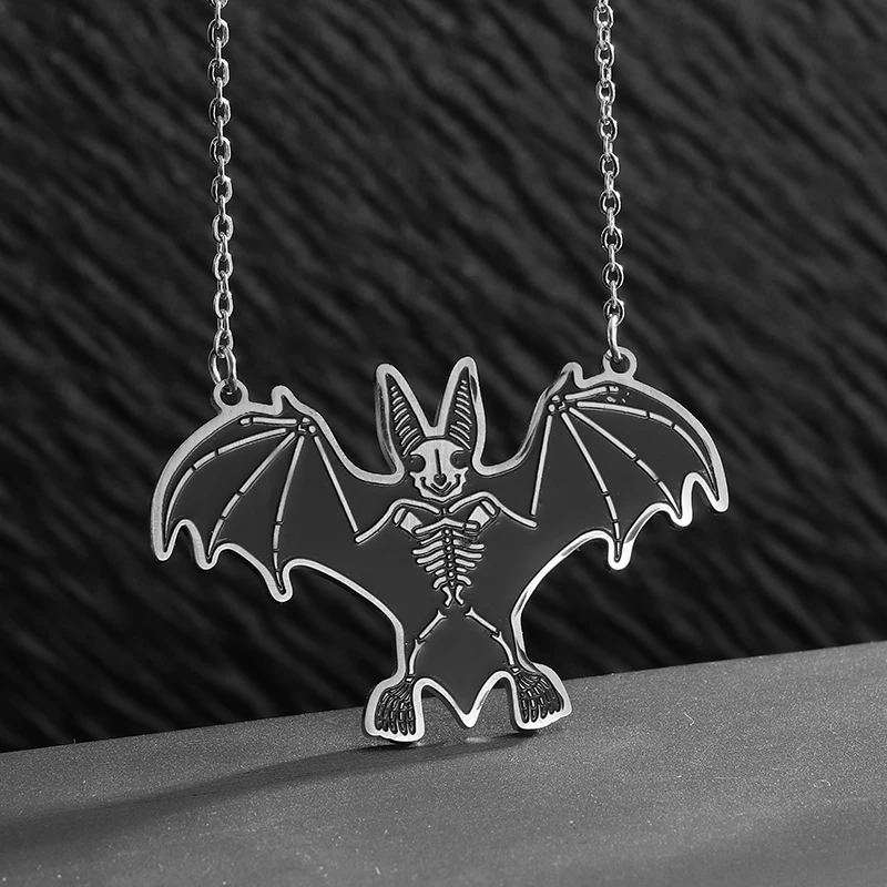 Creative Funny Bat Skull Electric Shock Figure Stainless Steel Pendant Necklace Men and Women Halloween Jewelry