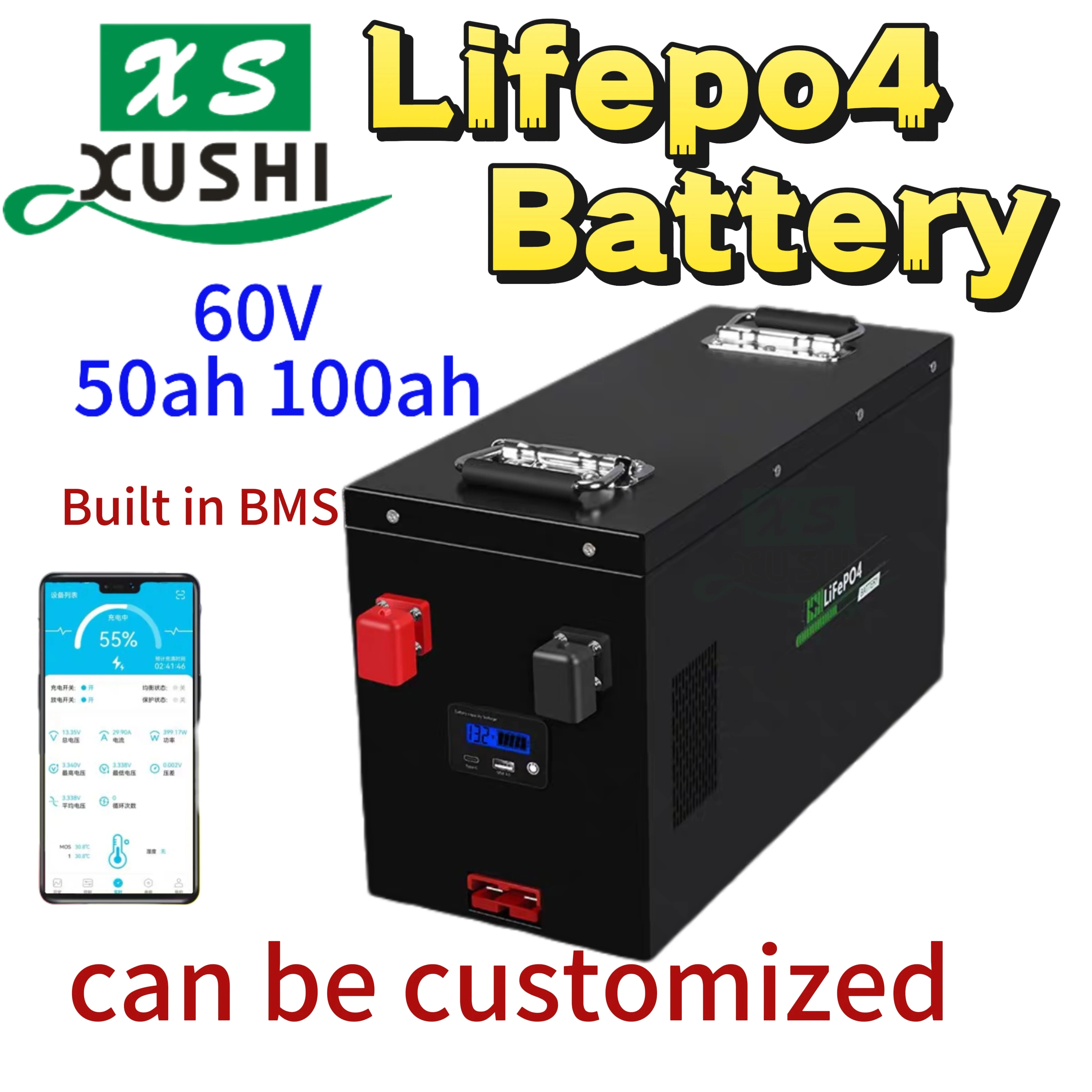 

Xs LiFePO4 аккумулятор 60 В 50 Ач 100 Ач встроенный Bluetooth BMS литий-железо-фосфатный аккумулятор для солнечной тележки для гольфа RV лодка для хранения