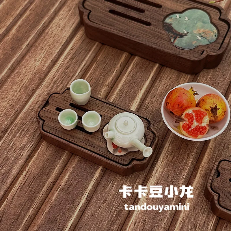 1/6 1/12 มินิชุดบ้านตุ๊กตาเฟอร์นิเจอร์อุปกรณ์เสริมวอลนัท Retro ถาดชา Bjd Ob11 Gsc Blyth ทหาร Lol Miniatures ฉากตกแต่ง