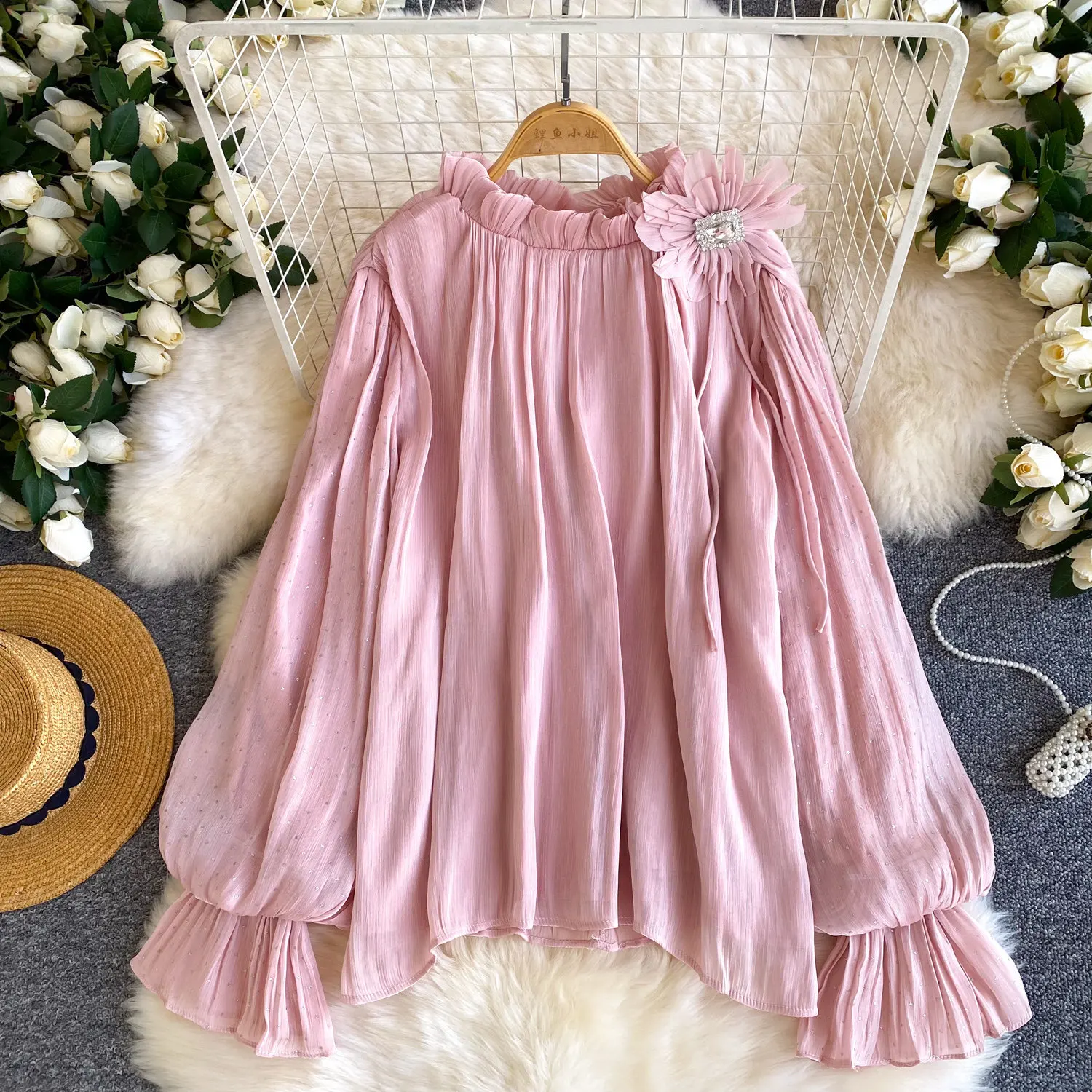 

Women Blouse Polka Dot Shirts 3D Flower Round Neck Lantern Long Sleeves Slight Strech Loose Fit Office Lady Casual 2026 Spring