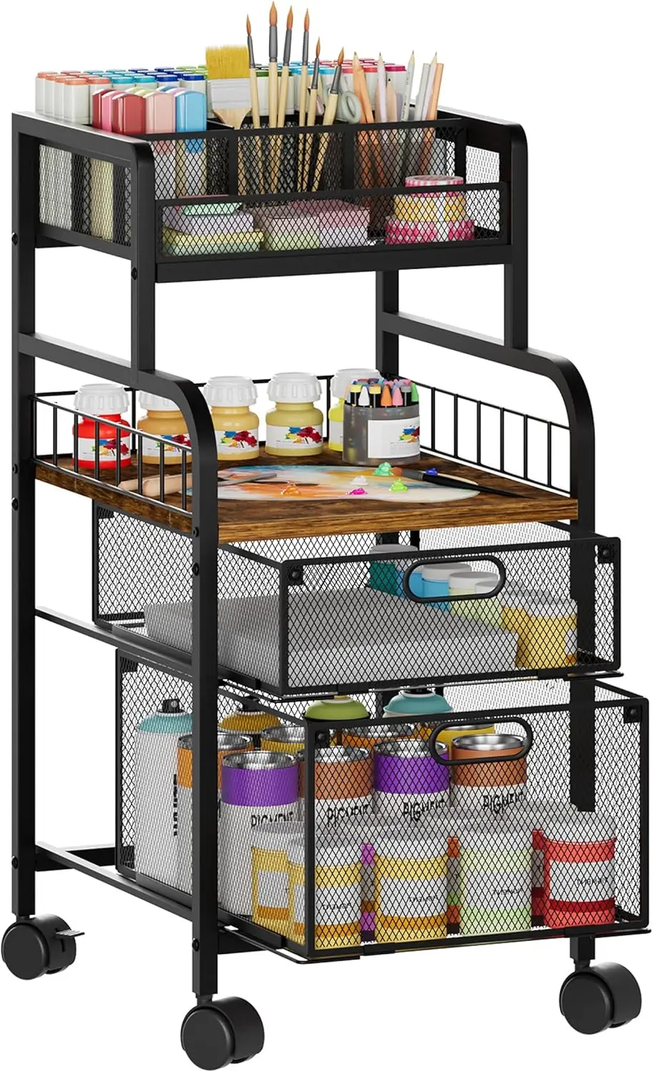 

Metal Rolling Cart with Wood Shelf, Drawers & Locking Wheels - Craft Organizer for Home Office Desk Storage