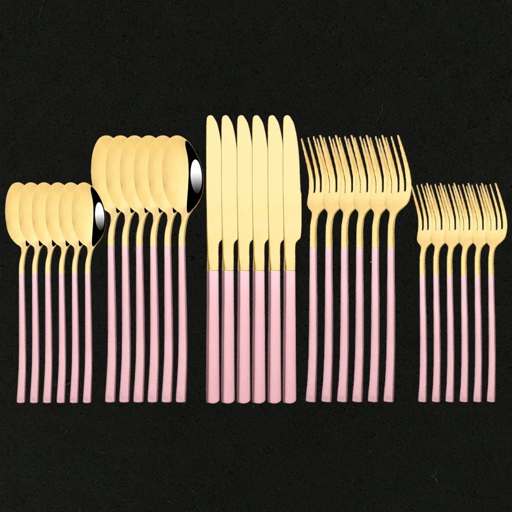 

30Pcs Pink Gold Dinnerware Set Stainless Steel Knife Fork Spoon Dinner Set Western Mirror Kitchen Cutlery Set Wedding Tableware
