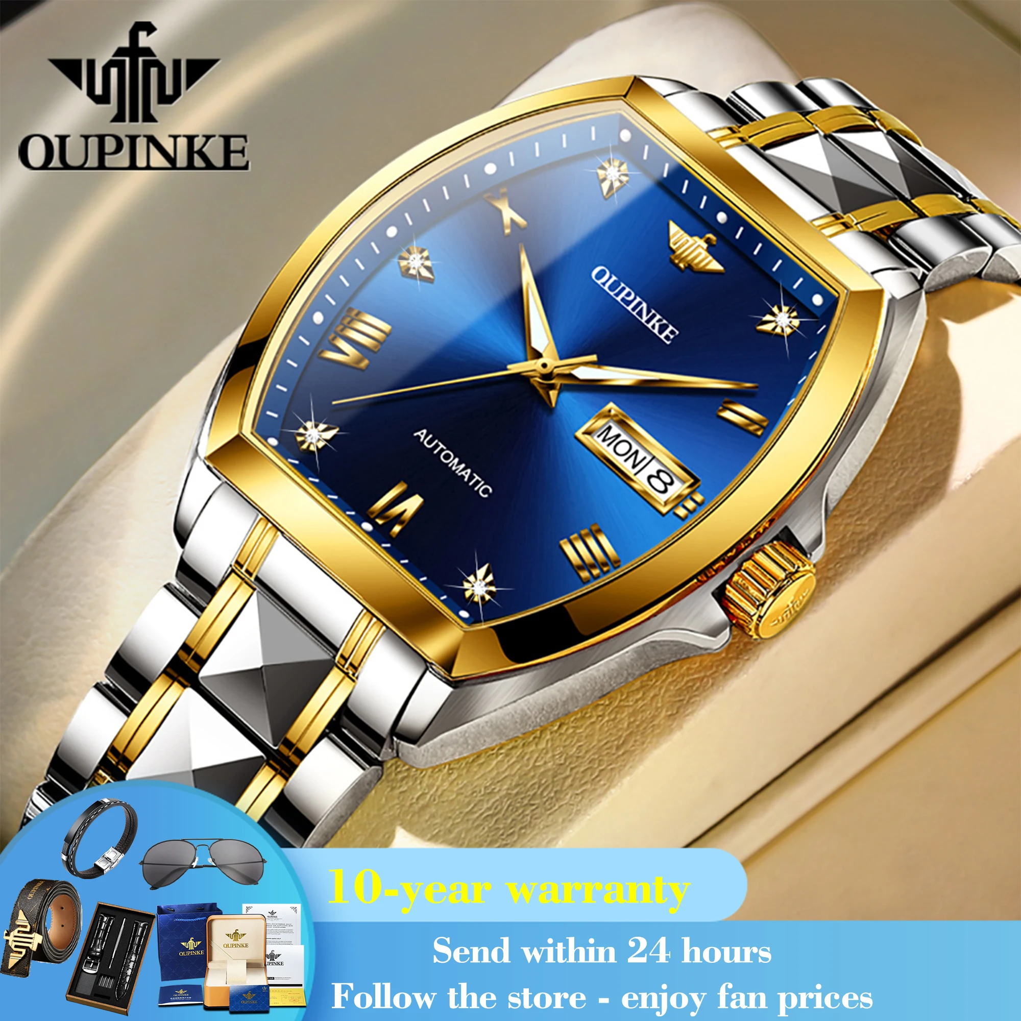 

OUPINKE 3200 Men Automatic Watch Tonneau Roman Scale Dual Calendar Mechanical Watch For Men Waterproof Luxury Dress Wristwatch