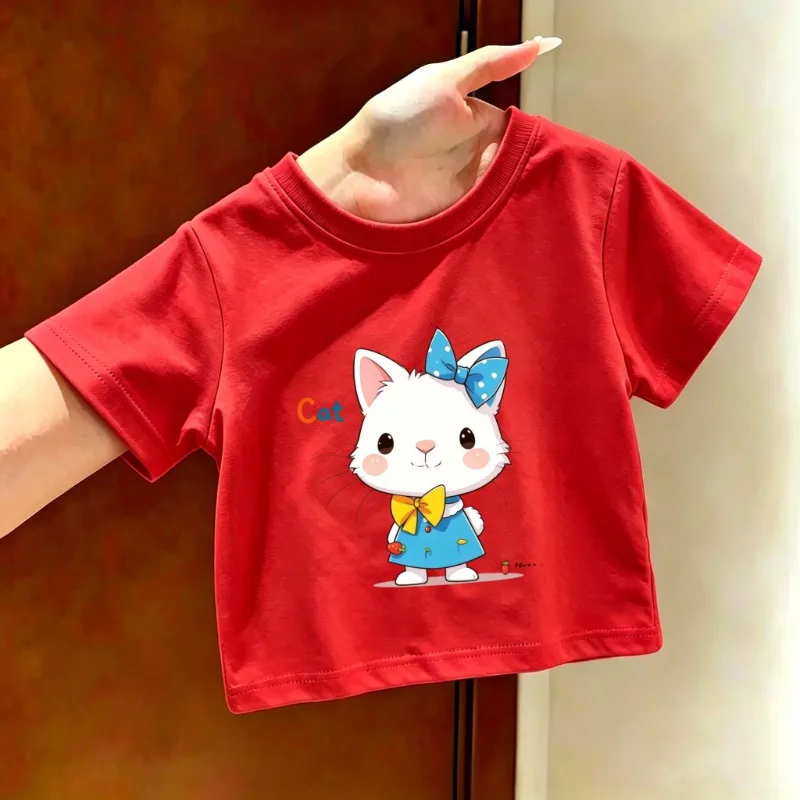 Cute Cat Cartoon Printed Children's T-shirt Summer New Personalized Parent-child Outfit Fashionable Soft Skin Friendly T-shirt