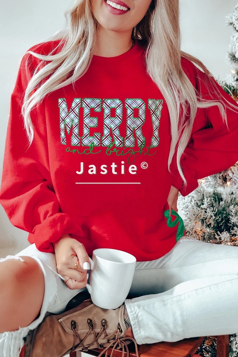 

Женский рождественский свитшот, красный пуловер с длинными рукавами, клетчатый пуловер с буквенным принтом, праздничный праздничный топ с круглым вырезом, мягкий повседневный зимний свитер