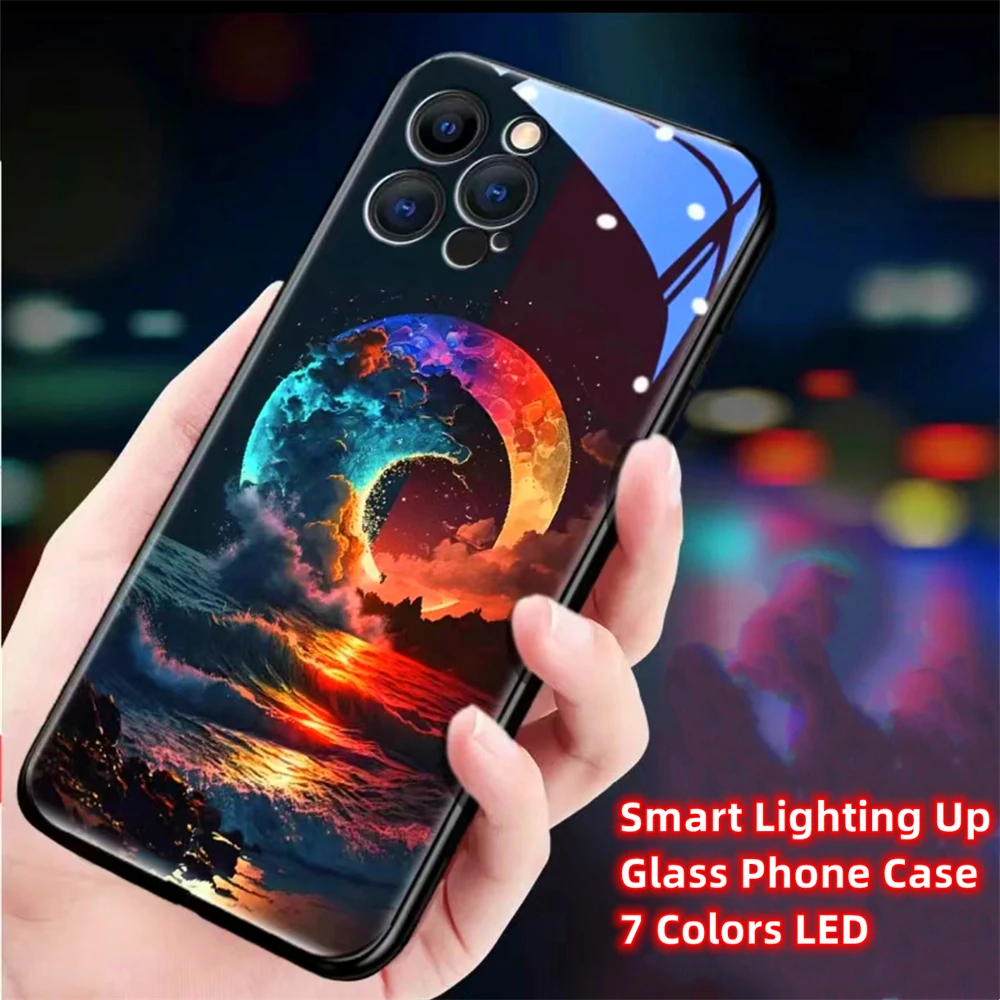 Radiant Moonlight Ocean LED Light Glow Luminous Tempered Glass Phone Case For iPhone 16 15 14 13 12 11 Pro Max XR XS Plus 7 8