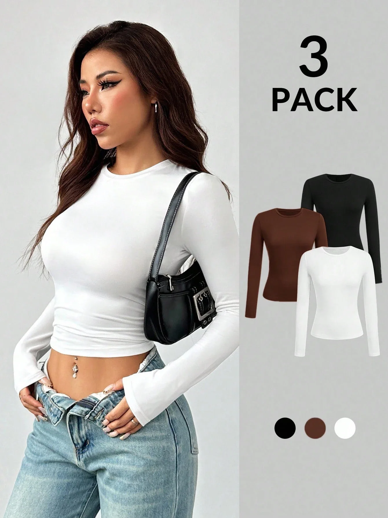 

3 шт., женская футболка с длинными рукавами, базовый топ с круглым вырезом, модный пуловер, рубашка облегающего кроя