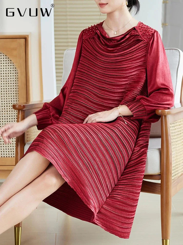 GVUW Pleated Beading A Line Dress Women Round Collar Full Sleeve Festival Vintage Style New 2025 Female Loose Dresses 17G9275