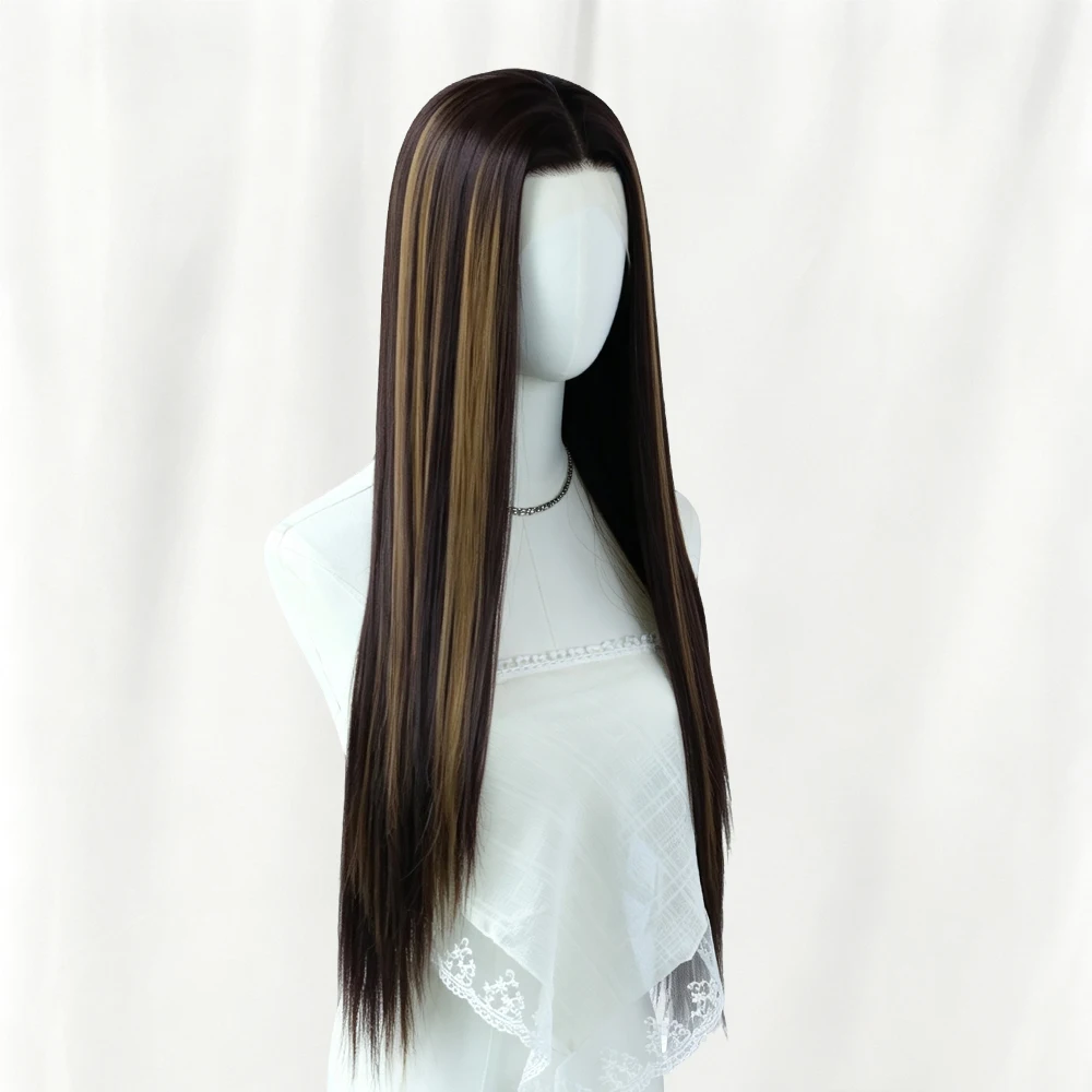 Burgundy Highlight Pre-Colored Synthetic Lace Front Wig for Women – Pre-Cut Pre-Plucked Hairline with Baby Hair, 26 Inch Long Straight Deep Part Glueless Heat Resistant Fiber Wig, Beginner Friendly Ready to Wear Natural Looking Daily Party Cosplay