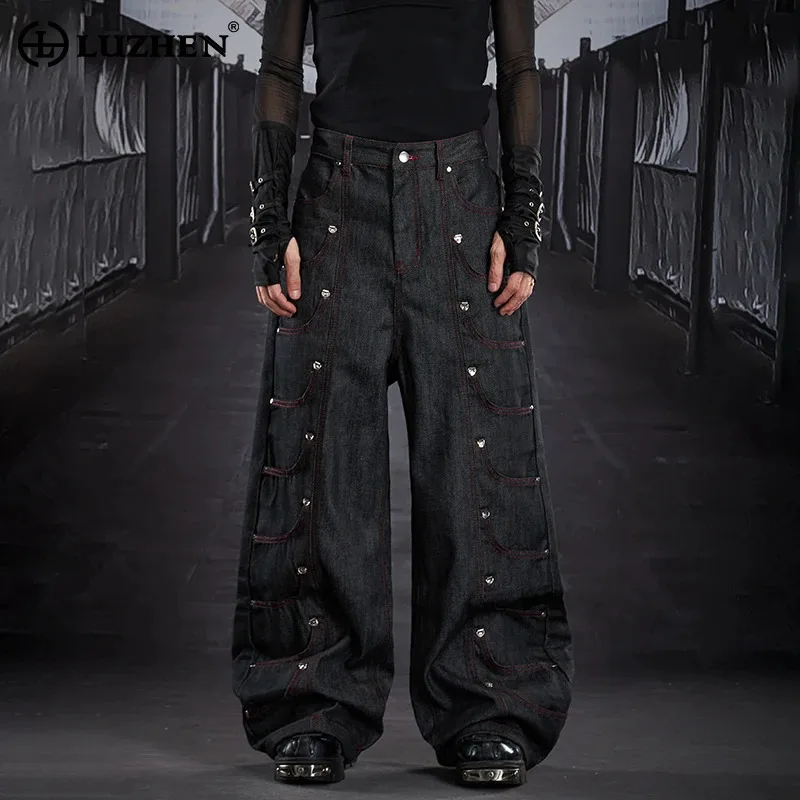 LUZHEN 2025 New Original Pockets Outline Rivet Metal Decorate Straight Jeans Men Stylish Personalized Street Denim Pants JY5301