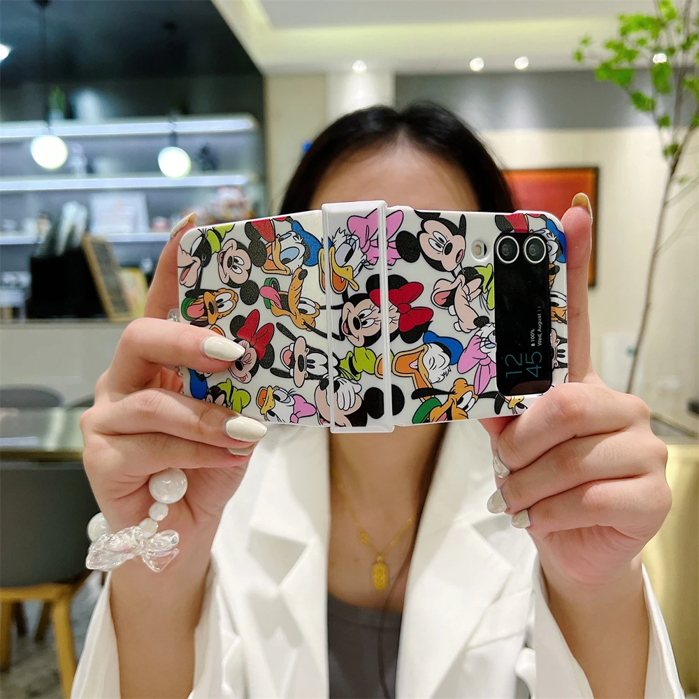 Cute Disneies Mickey Minnie With Lanyard Candy Color Phone Case for Samsung Galaxy Z Flip 3 4 5 6 5G PC Hard Back Cover Funda