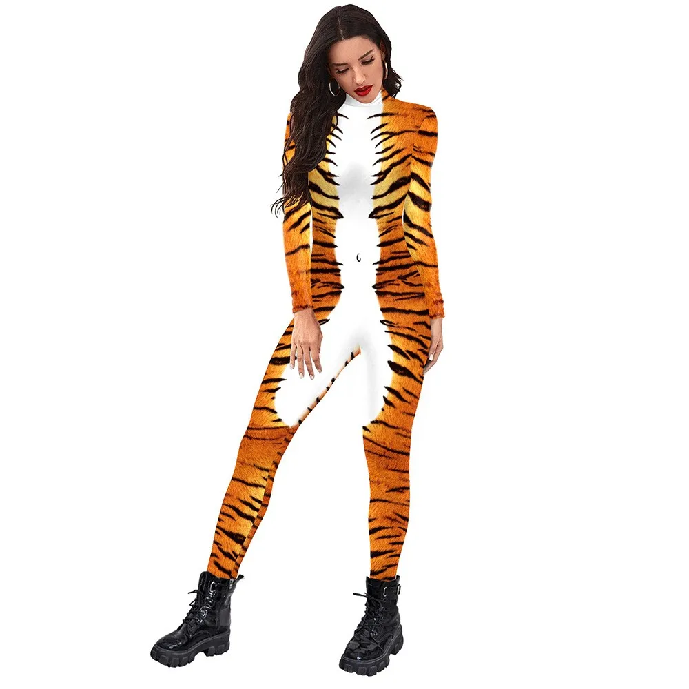 Body mit Tigermuster, Performance-Kostüm, elastisches, eng anliegendes Outfit, Halloween-Anzug mit Tierapfen für Männer und Frauen